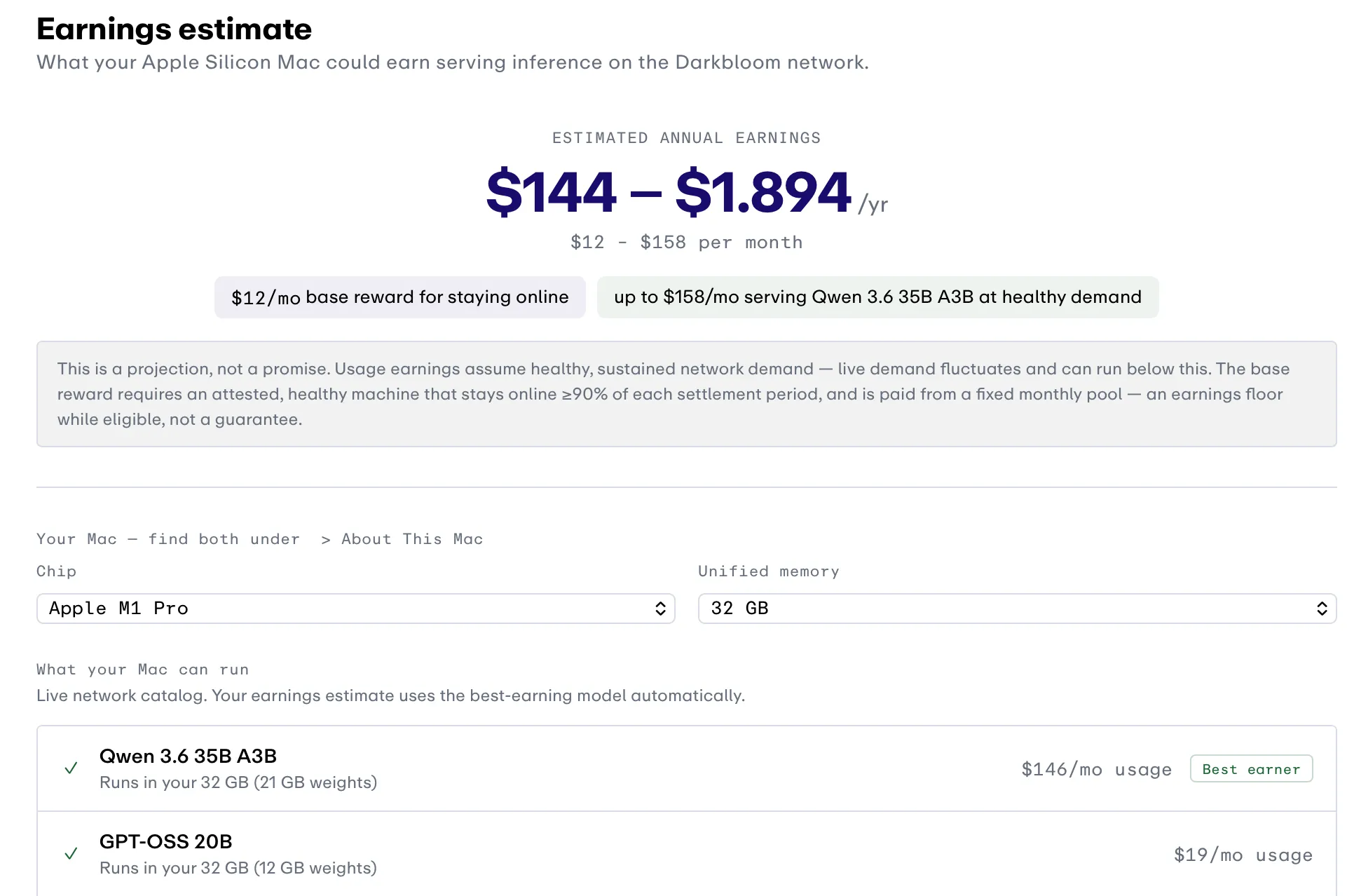 Darkbloom’s earnings calculator for an M1 Pro with 32 GB, showing $12 to $158 per month