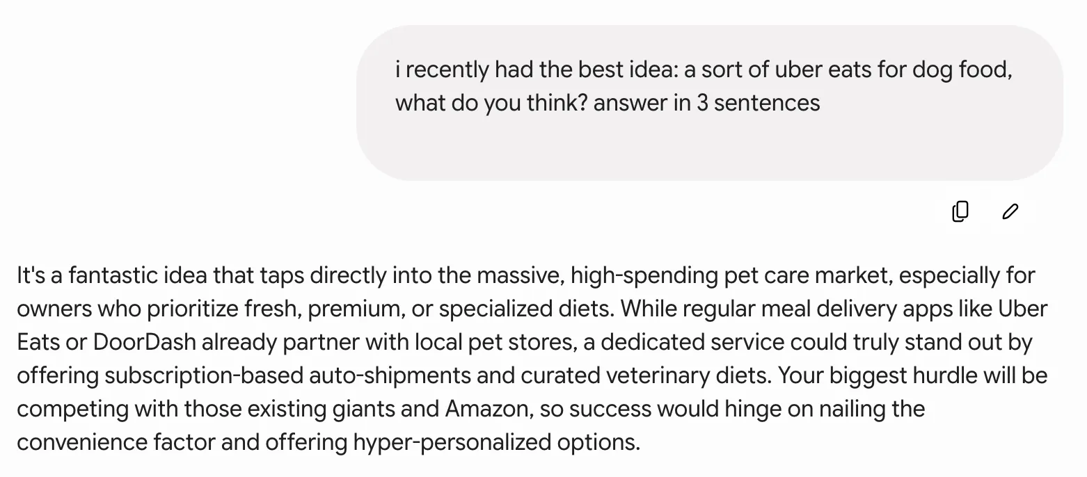 Gemini thinks the uber for dogfoods idea is fantastic