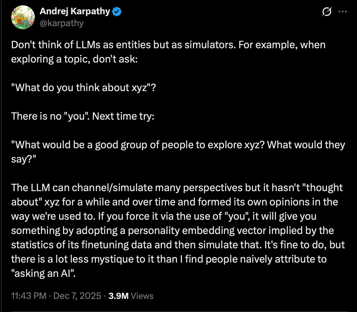Andrej Karpathy’s post on framing prompts around which expert would answer