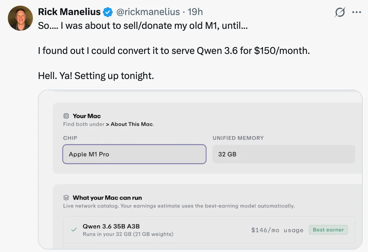 Rick Manelius on X: he found he could convert his old M1 to serve Qwen 3.6 for $150 a month
